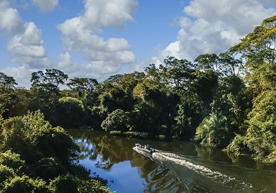 Iquitos tours — group of travelers on a guided boat excursion through the Amazon River surrounded by tropical jungle